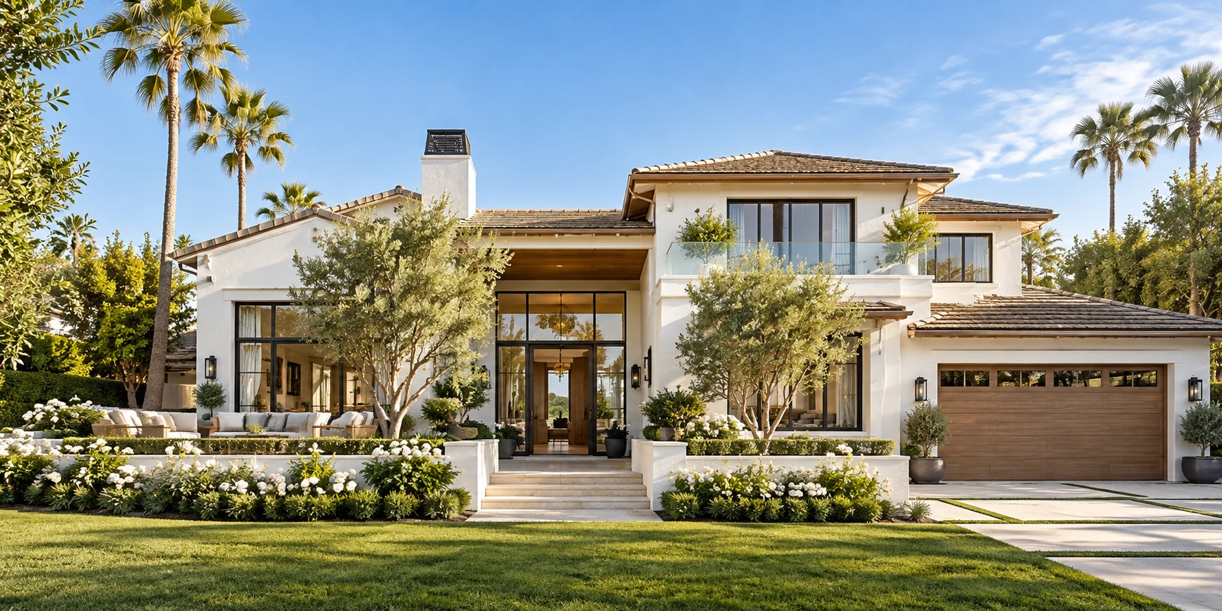 Illustrative Newport Beach inspired home with white stucco, palms, and green landscaping
